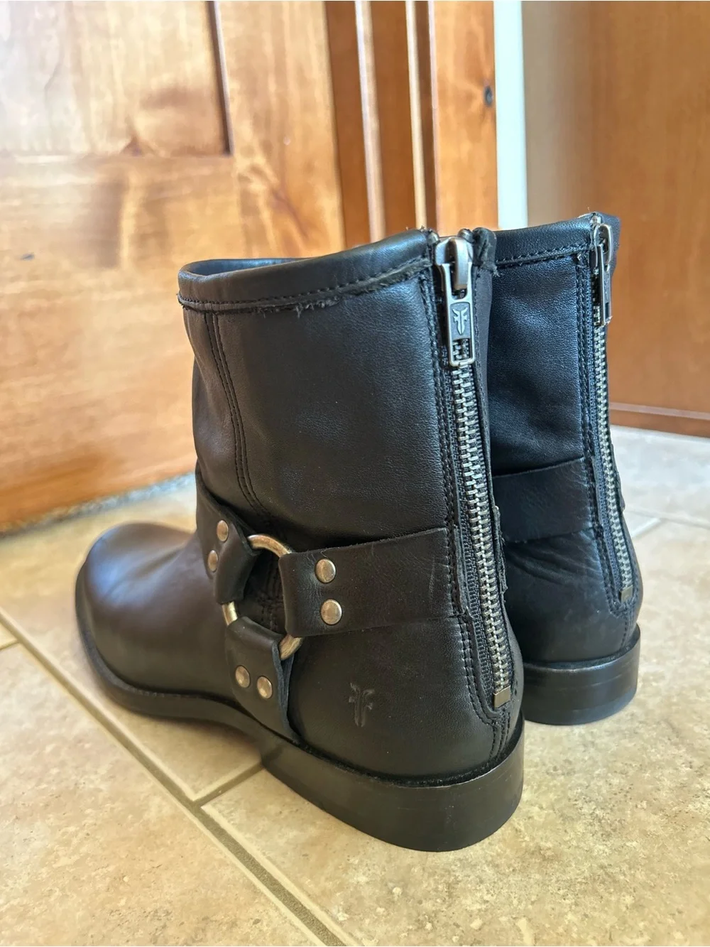 Frye Black Leather Harness Booties